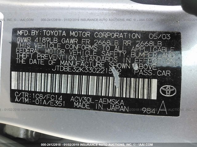 JTDBE32K330221512 - 2003 TOYOTA CAMRY LE/XLE SILVER photo 9
