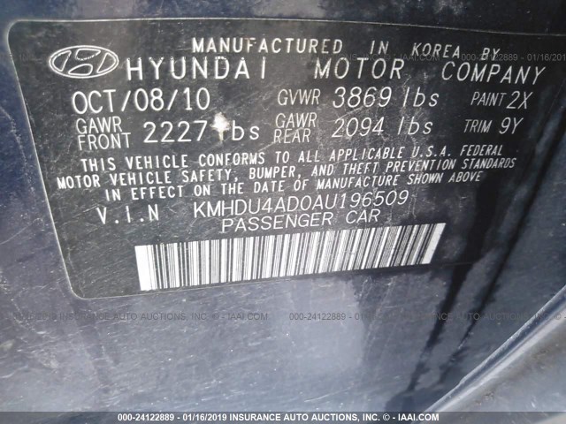 KMHDU4AD0AU196509 - 2010 HYUNDAI ELANTRA BLUE/GLS/SE BLUE photo 9