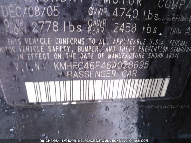 KMHFC46F46A058695 - 2006 HYUNDAI AZERA SE/LIMITED BLACK photo 9