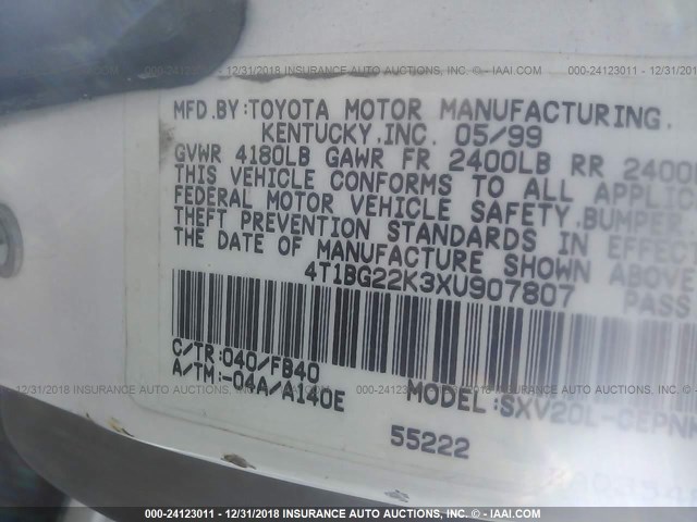 4T1BG22K3XU907807 - 1999 TOYOTA CAMRY CE/LE/XLE WHITE photo 9