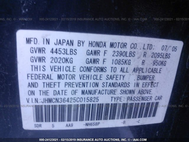 JHMCN36425C015825 - 2005 HONDA ACCORD HYBRID GRAY photo 9