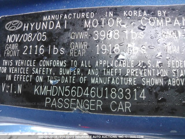 KMHDN56D46U183314 - 2006 HYUNDAI ELANTRA GLS/GT/LIMITED BLUE photo 9