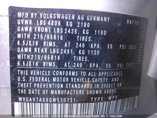 WVGAV7AX6GW530731 - 2016 VOLKSWAGEN TIGUAN S/SE/SEL/R-LINE SILVER photo 9