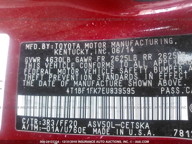 4T1BF1FK7EU839595 - 2014 TOYOTA CAMRY L/SE/LE/XLE RED photo 9