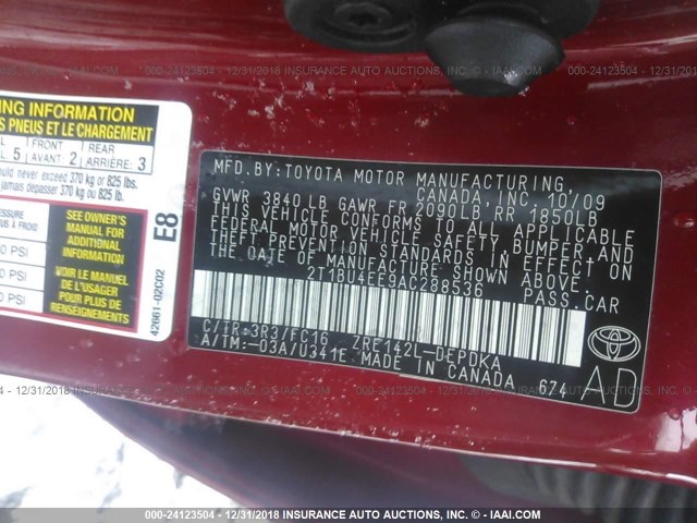 2T1BU4EE9AC288536 - 2010 TOYOTA COROLLA S/LE/XLE RED photo 9