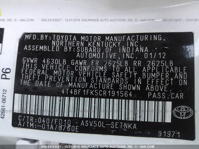 4T4BF1FK5CR191564 - 2012 TOYOTA CAMRY SE/LE/XLE 白色 照片 9