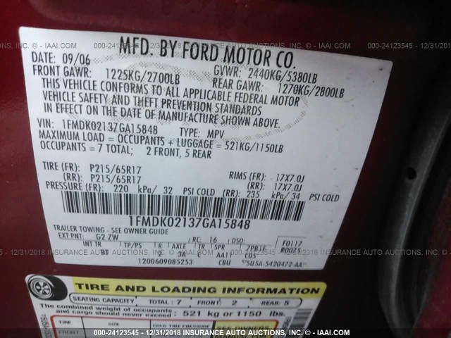 1FMDK02137GA15848 - 2007 FORD FREESTYLE SEL RED photo 9