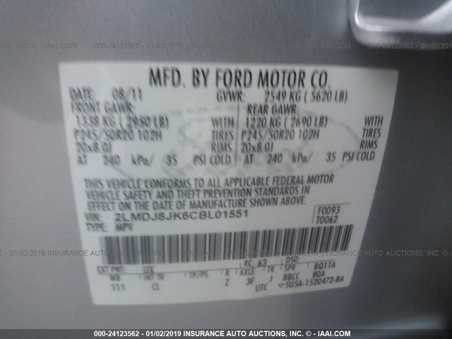 2LMDJ8JK6CBL01551 - 2012 LINCOLN MKX SILVER photo 9