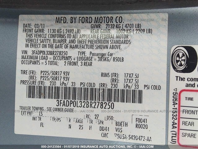 3FADP0L32BR278250 - 2011 FORD FUSION HYBRID Light Blue photo 9