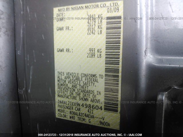 1N4AL21EX9N498604 - 2009 NISSAN ALTIMA 2.5/2.5S GRAY photo 9