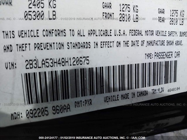 2B3LA53H48H120675 - 2008 DODGE CHARGER R/T BLACK photo 9