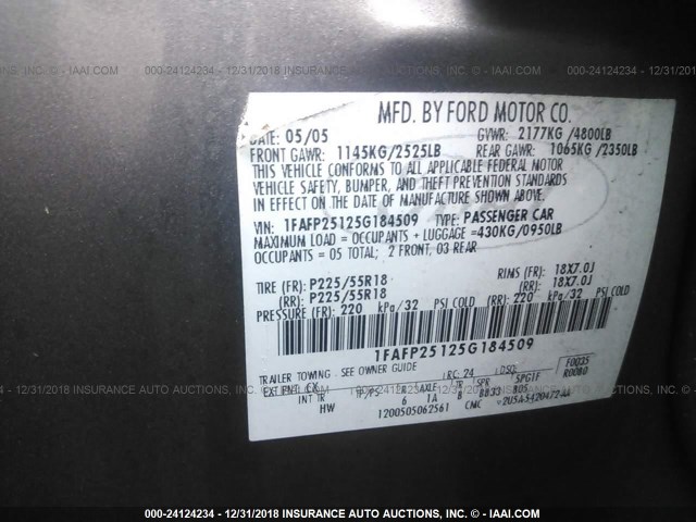 1FAFP25125G184509 - 2005 FORD FIVE HUNDRED LIMITED GRAY photo 9