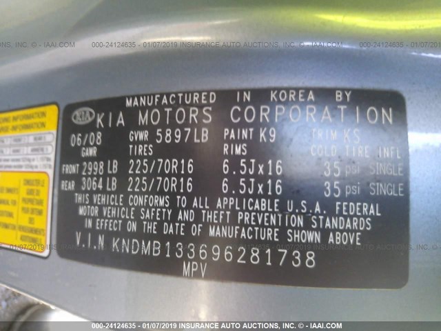 KNDMB133696281738 - 2009 KIA SEDONA Light Blue photo 9