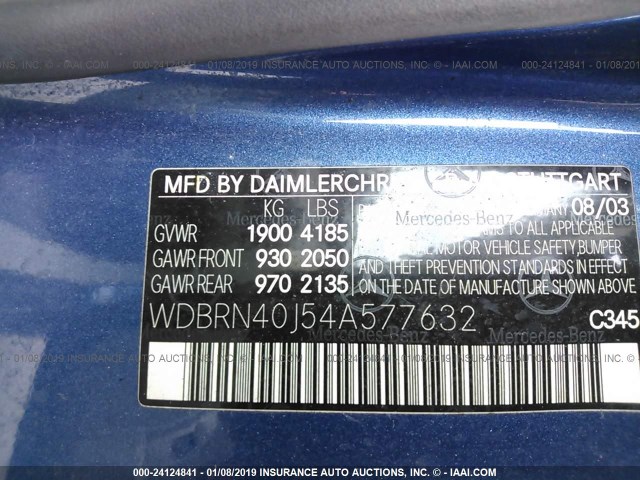 WDBRN40J54A577632 - 2004 MERCEDES-BENZ C 230K SPORT COUPE BLUE photo 9