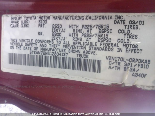 5TEWN72N41Z804137 - 2001 TOYOTA TACOMA XTRACAB MAROON photo 9