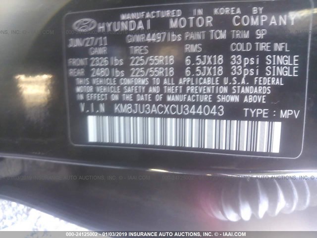 KM8JU3ACXCU344043 - 2012 HYUNDAI TUCSON GLS/LIMITED 黑色 照片 9