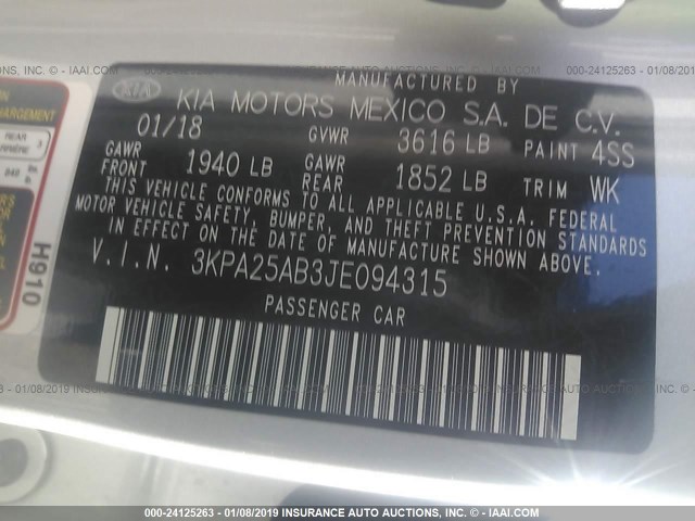 3KPA25AB3JE094315 - 2018 KIA RIO LX/S SILVER photo 9