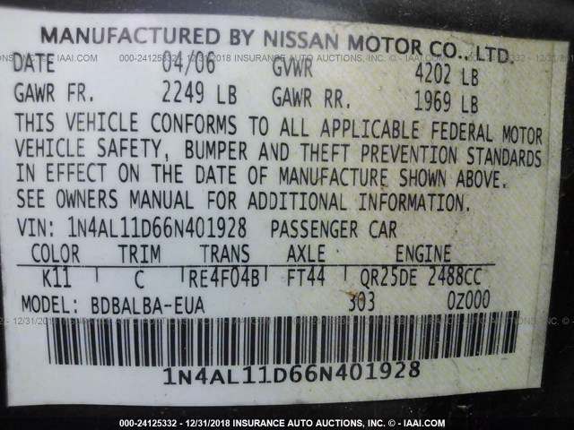 1N4AL11D66N401928 - 2006 NISSAN ALTIMA S/SL GRAY photo 9