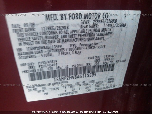 1FAHP2FW8AG113599 - 2010 FORD TAURUS LIMITED RED photo 9