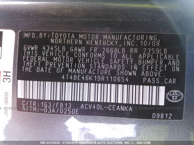 4T4BE46K19R110654 - 2009 TOYOTA CAMRY SE/LE/XLE GRAY photo 9