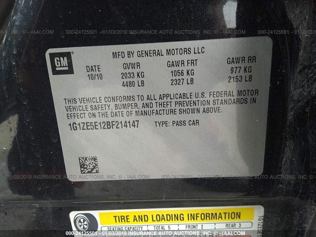 1G1ZE5E12BF214147 - 2011 CHEVROLET MALIBU LTZ შავი ფოტო 9