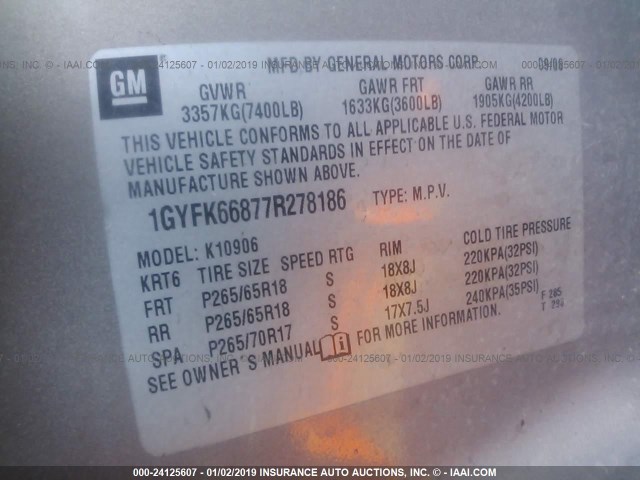 1GYFK66877R278186 - 2007 CADILLAC ESCALADE ESV Pewter photo 9