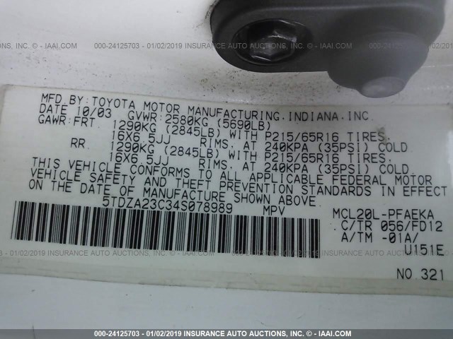 5TDZA23C34S078989 - 2004 TOYOTA SIENNA CE/LE WHITE photo 9