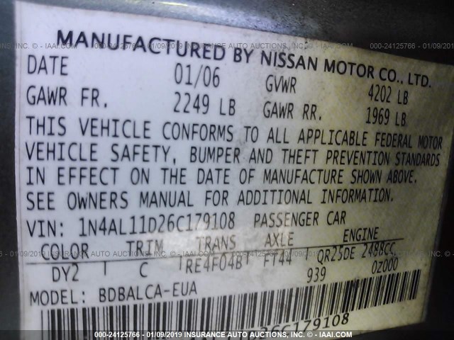 1N4AL11D26C179108 - 2006 NISSAN ALTIMA S/SL GREEN photo 9