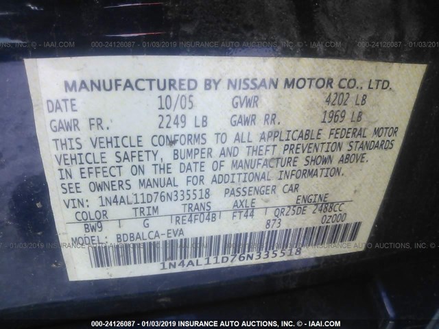 1N4AL11D76N335518 - 2006 NISSAN ALTIMA S/SL BLUE photo 9