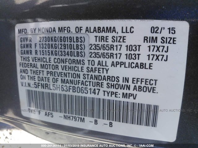 5FNRL5H63FB065147 - 2015 HONDA ODYSSEY EXL GRAY photo 9