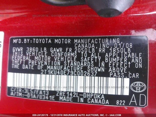 2T1KU40E79C002637 - 2009 TOYOTA COROLLA MATRIX  RED photo 9