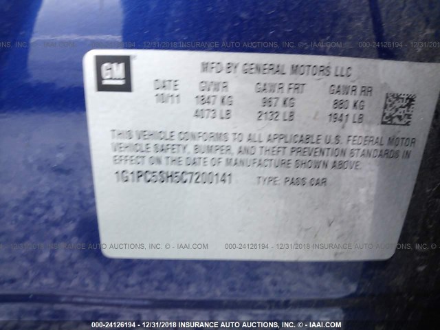 1G1PC5SH5C7200141 - 2012 CHEVROLET CRUZE LS BLUE photo 9