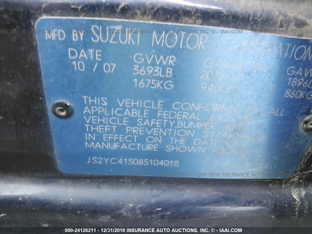 JS2YC415085104018 - 2008 SUZUKI SX4 CONVENIENCE/TOURING BLUE photo 9