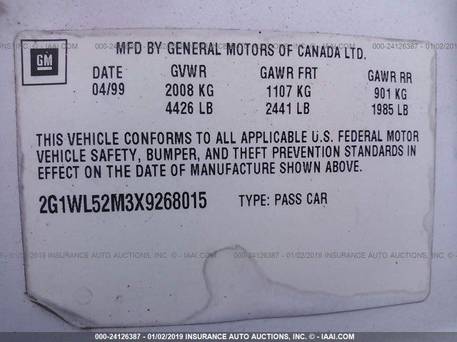 2G1WL52M3X9268015 - 1999 CHEVROLET LUMINA LS WHITE photo 9