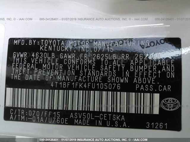 4T1BF1FK4FU105076 - 2015 TOYOTA CAMRY LE/XLE/SE/XSE WHITE photo 9