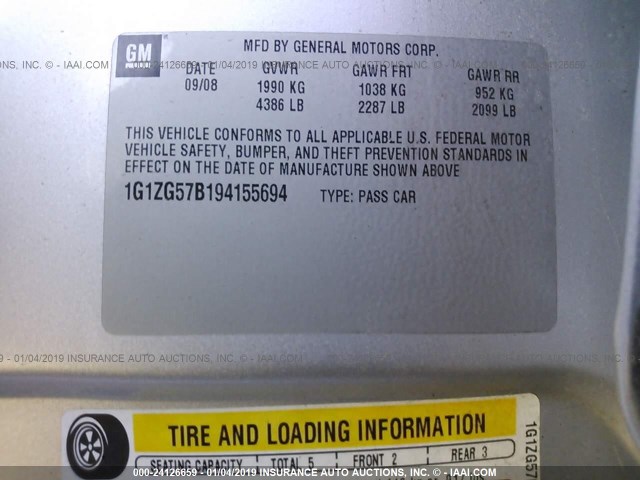 1G1ZG57B194155694 - 2009 CHEVROLET MALIBU LS 银色 照片 9