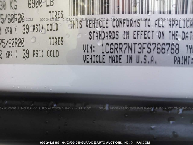 1C6RR7NT3FS766768 - 2015 RAM 1500 LARAMIE WHITE photo 9