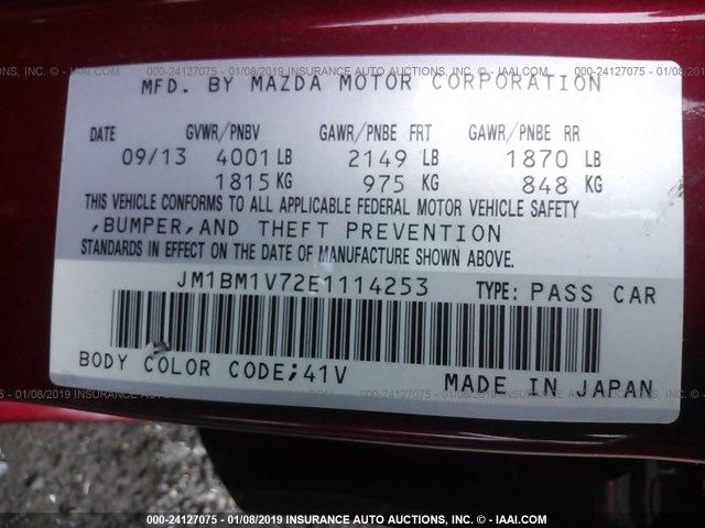 JM1BM1V72E1114253 - 2014 MAZDA 3 TOURING RED photo 9