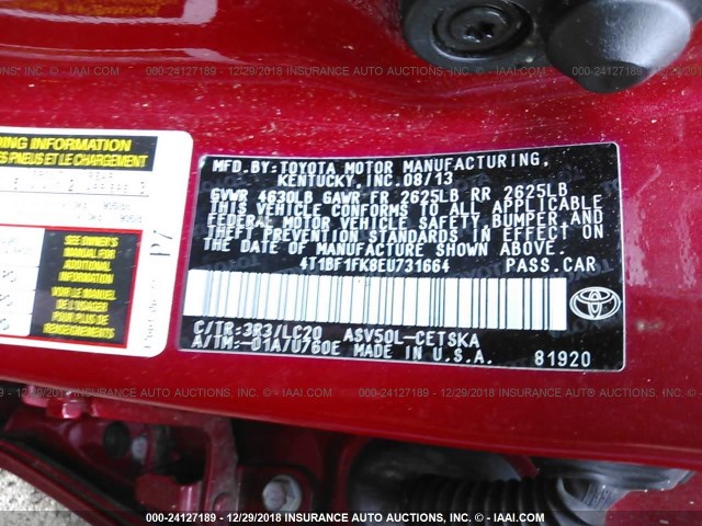 4T1BF1FK8EU731664 - 2014 TOYOTA CAMRY L/SE/LE/XLE Qırmızı foto 9