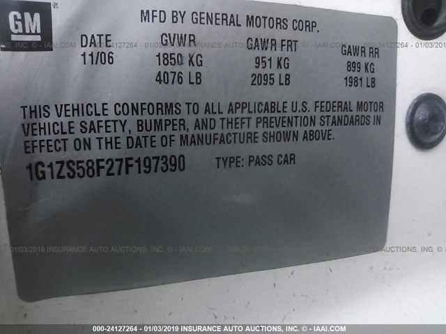 1G1ZS58F27F197390 - 2007 CHEVROLET MALIBU LS WHITE photo 9