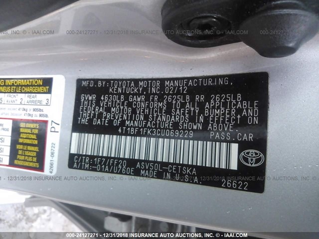 4T1BF1FK3CU069229 - 2012 TOYOTA CAMRY SE/LE/XLE SILVER photo 9