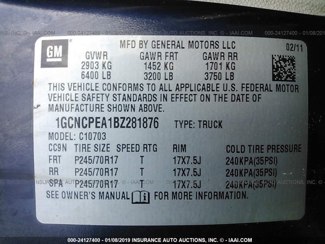 1GCNCPEA1BZ281876 - 2011 CHEVROLET SILVERADO C1500 BLUE photo 9