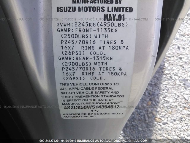 4S2CK58W514354012 - 2001 ISUZU RODEO S/LS/LSE SILVER photo 9