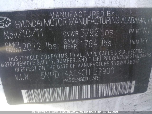 5NPDH4AE4CH122900 - 2012 HYUNDAI ELANTRA GLS/LIMITED WHITE photo 9