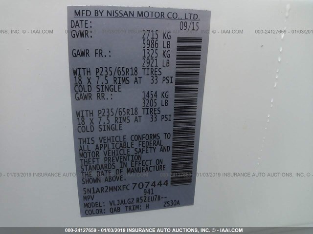 5N1AR2MNXFC707444 - 2015 NISSAN PATHFINDER S/SV/SL/PLATINUM WHITE photo 9