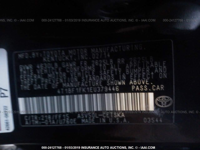 4T1BF1FK1EU379446 - 2014 TOYOTA CAMRY L/SE/LE/XLE BLACK photo 9