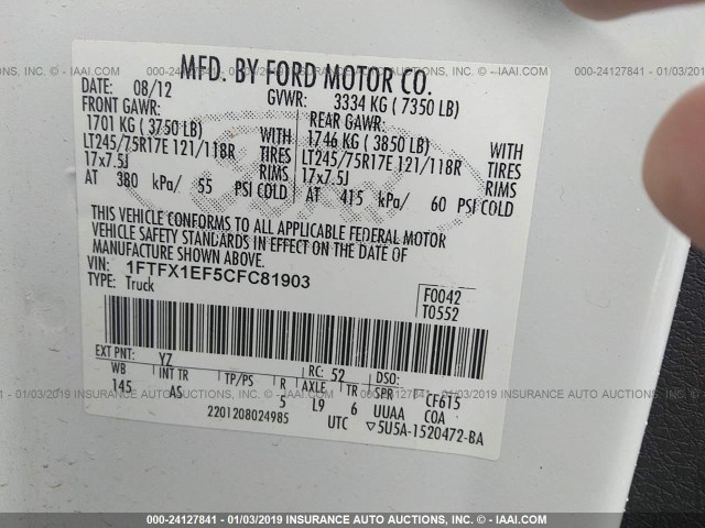 1FTFX1EF5CFC81903 - 2012 FORD F150 SUPER CAB WHITE photo 9