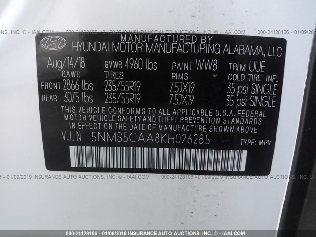 5NMS5CAA8KH026285 - 2019 HYUNDAI SANTA FE LIMITED/ULTIMATE WHITE photo 9