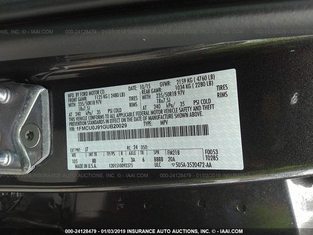 1FMCU0J91GUB20029 - 2016 FORD ESCAPE TITANIUM GRAY photo 9