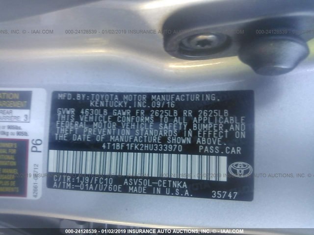 4T1BF1FK2HU333970 - 2017 TOYOTA CAMRY LE/XLE/SE/XSE SILVER photo 9